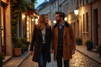 Couple marchant main dans la main dans une rue pavée historique la nuit