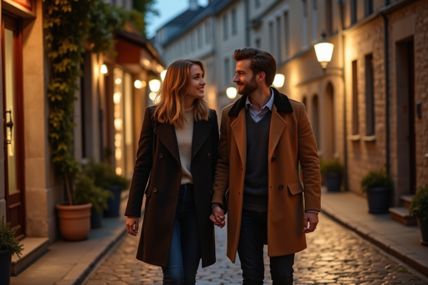 Couple marchant main dans la main dans une rue pavée historique la nuit