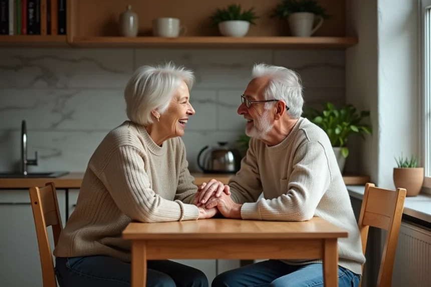 Couple senior discutant chaleureusement à la maison