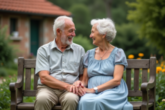 Couple âgé assis dans un jardin paisible et fleuri