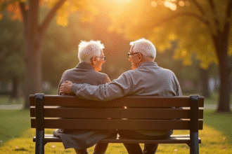 Couple senior assis sur un banc ensoleille dans un parc