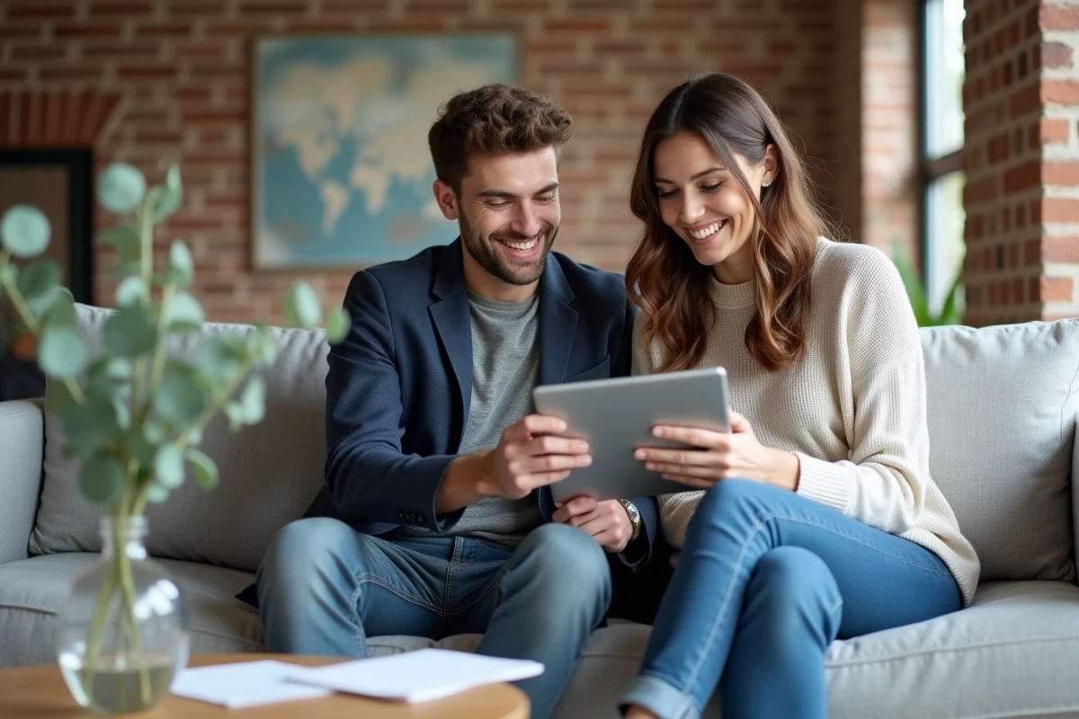 Couple parcourant ensemble un site de mariage interactif sur une tablette dans un salon moderne et cosy