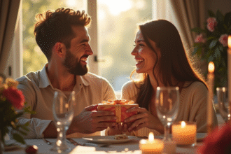 Couple souriant échangeant des cadeaux lors d'un anniversaire