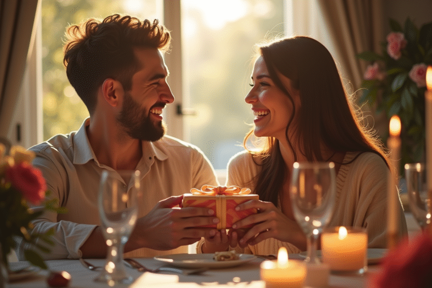 Couple souriant échangeant des cadeaux lors d'un anniversaire