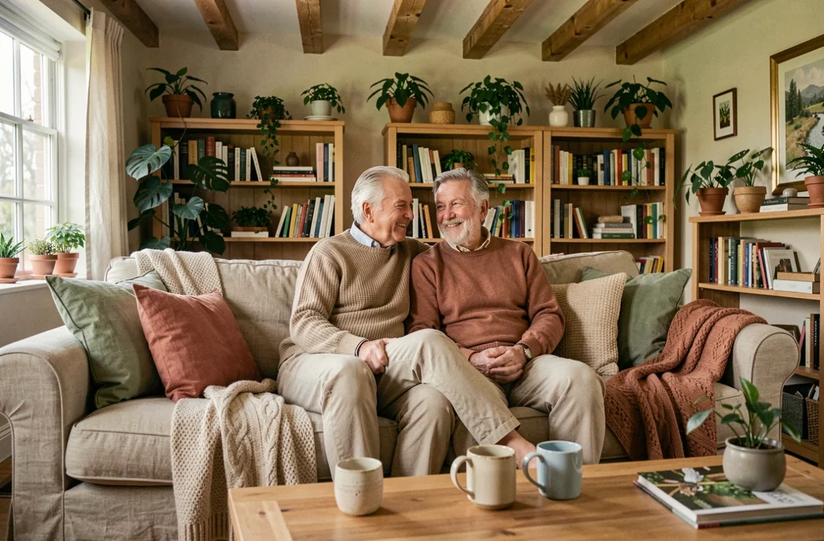 Couple détenu regardant la télévision ensemble dans un salon chaleureux et décoré avec des plantes