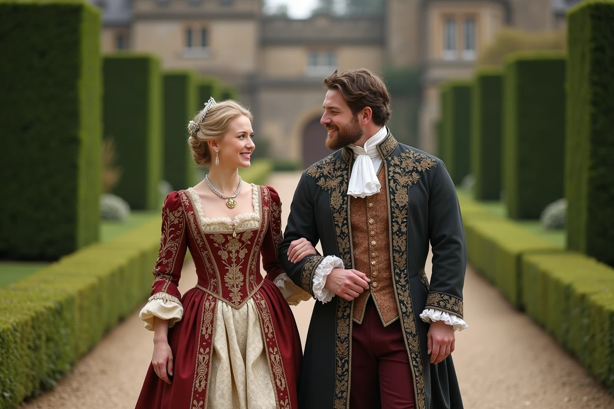 Couple noble en robe tudora marchant dans un jardin