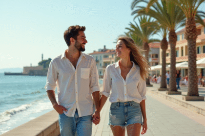 Jeune couple souriant en promenade au bord de la mer