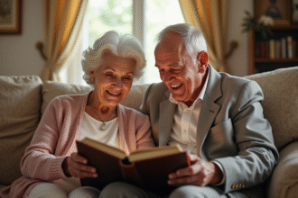Couple âgé souriant feuilletant un album de mariage chaleureux