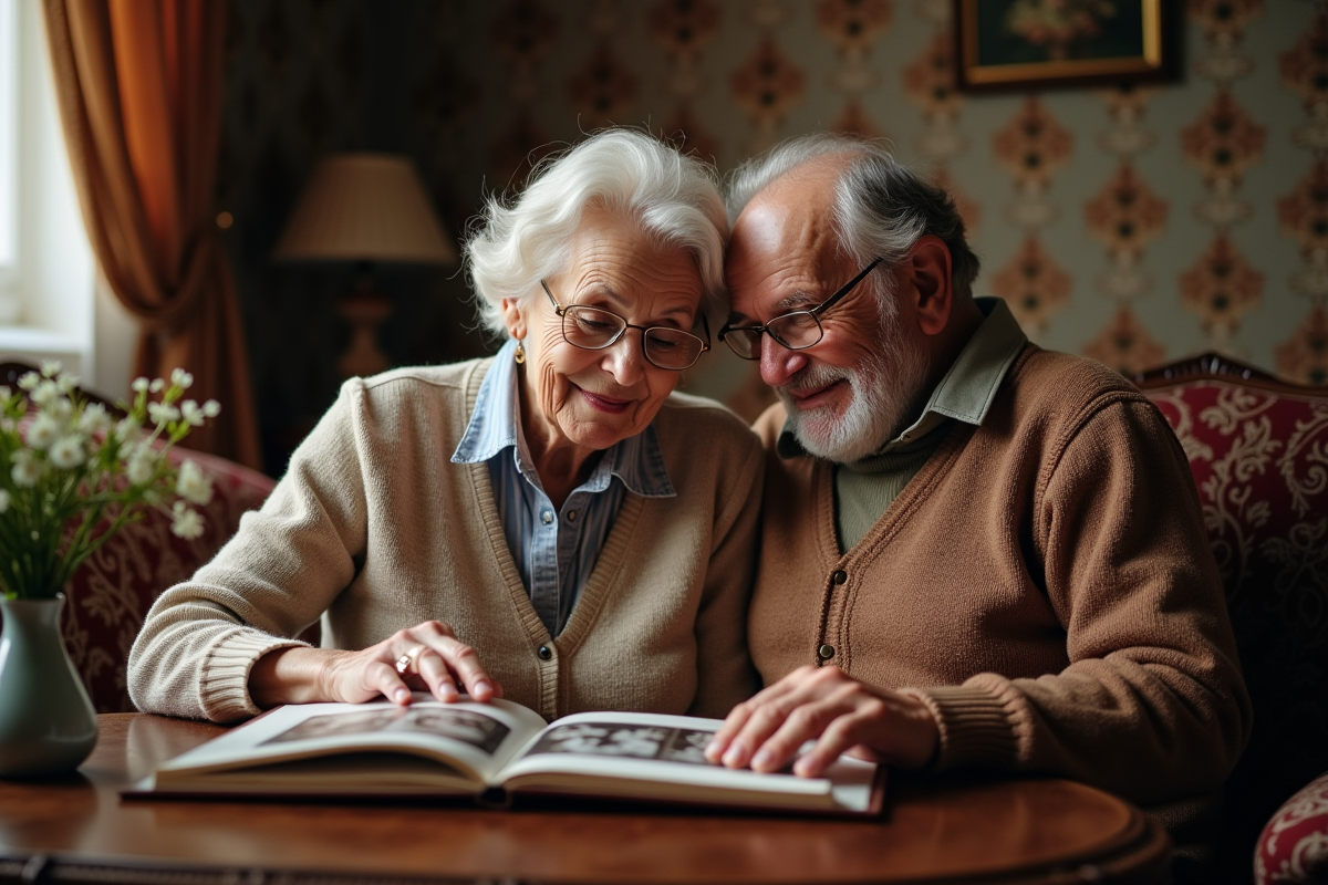 Couple âgé regardant un album photo nostalgique