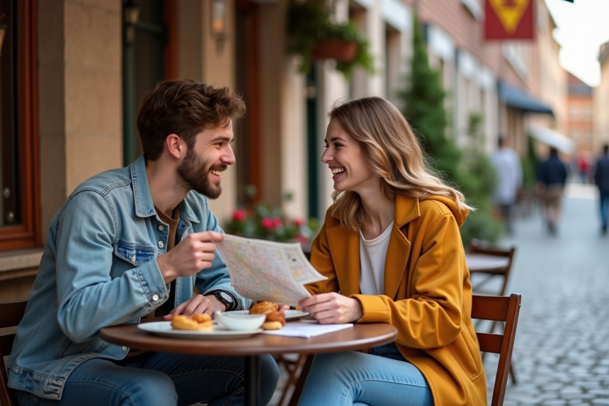 Jeune couple voyageant dans une ville européenne en riant