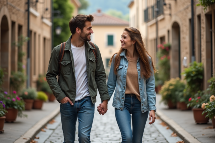 Jeune couple souriant en voyage dans un village européen