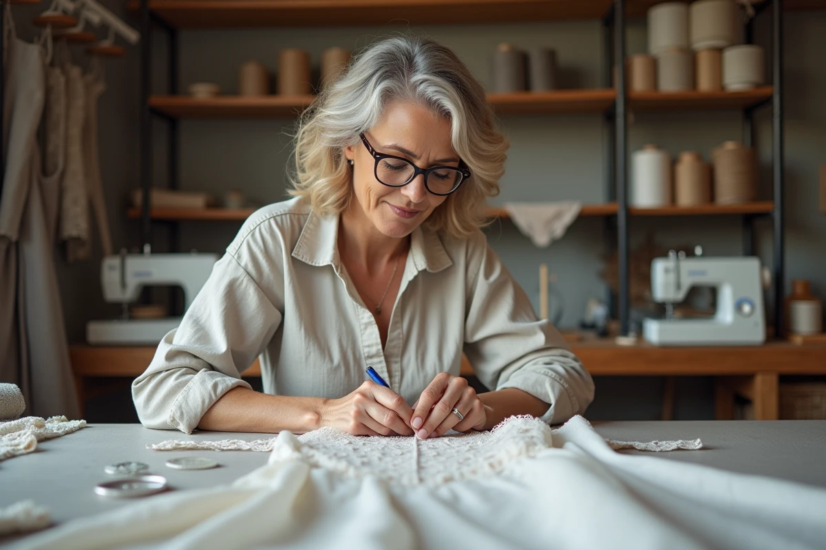 Seamstress en atelier cousant une robe de mariage bohème