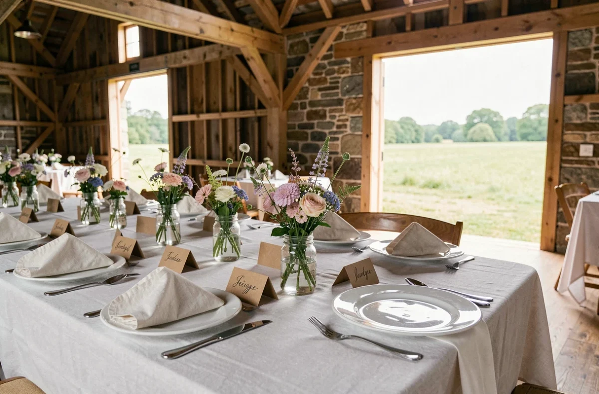 Décoration de table de mariage champêtre et économique dans une grange avec des fleurs sauvages et de la vaisselle simple