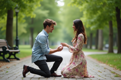 Jeune homme faisant sa demande en mariage dans un parc