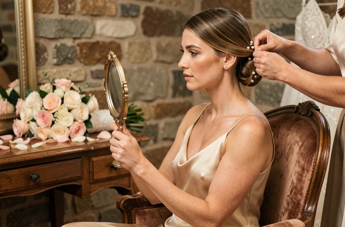 Demoiselle d'honneur en robe champagne examinant sa coiffure chignon avec épingles perles dans un salon de préparation rustique