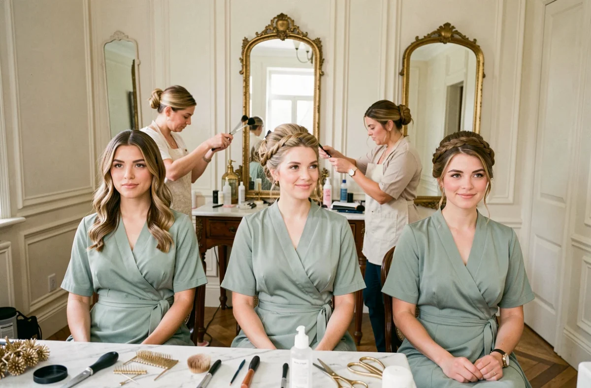 Trois demoiselles d'honneur en robes vertes à différents stades de coiffure dans une suite nuptiale de château