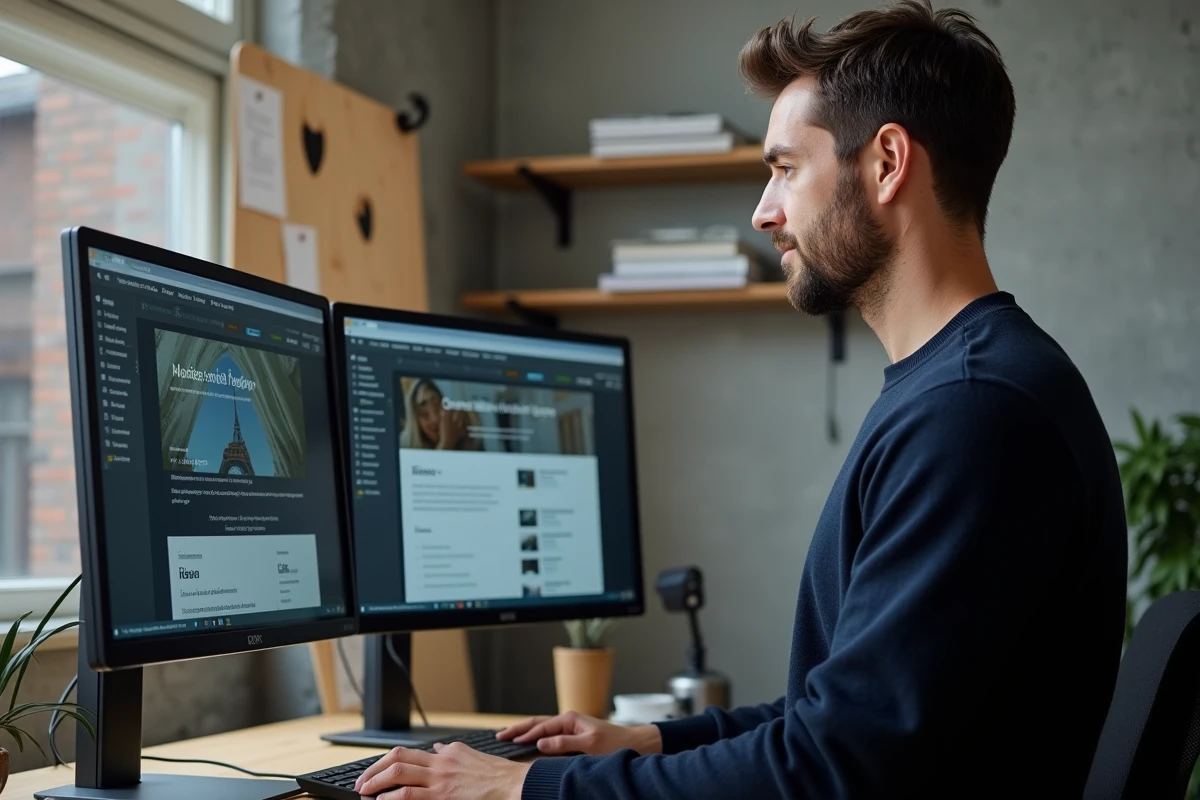 Designer web masculin travaillant sur la conception d'un site de mariage interactif dans un studio créatif moderne