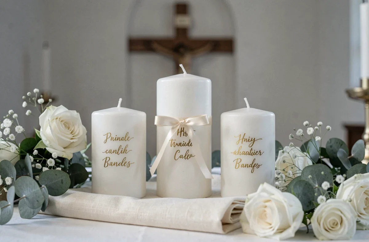 Détail de bougies de cérémonie disposées sur un autel d'église décorées de roses blanches et d'eucalyptus pour un mariage religieux