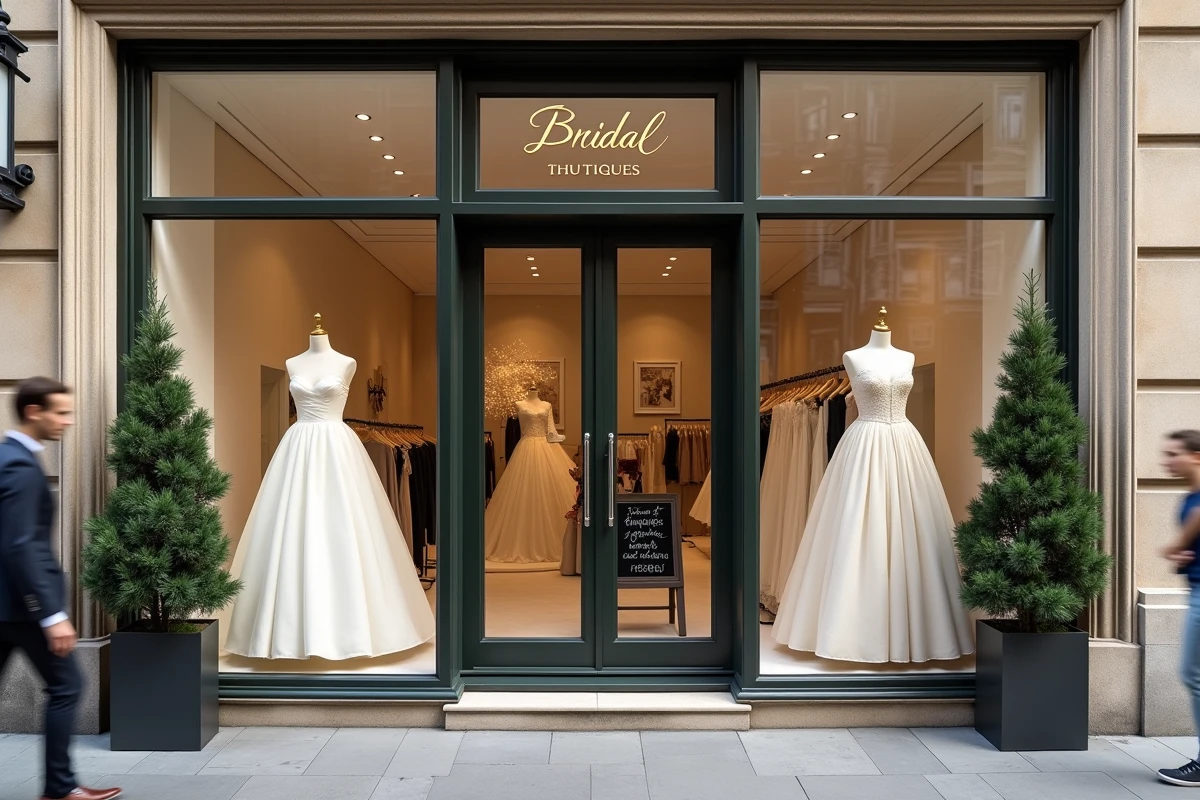 Devanture d'une boutique de robe de mariée dans le centre-ville de Bordeaux avec vitrine élégante