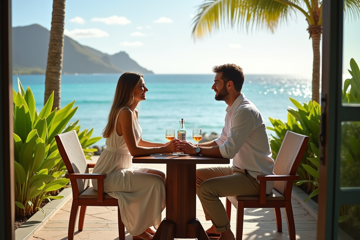 Couple de lune de miel dîne sur terrasse avec vue sur l ocean
