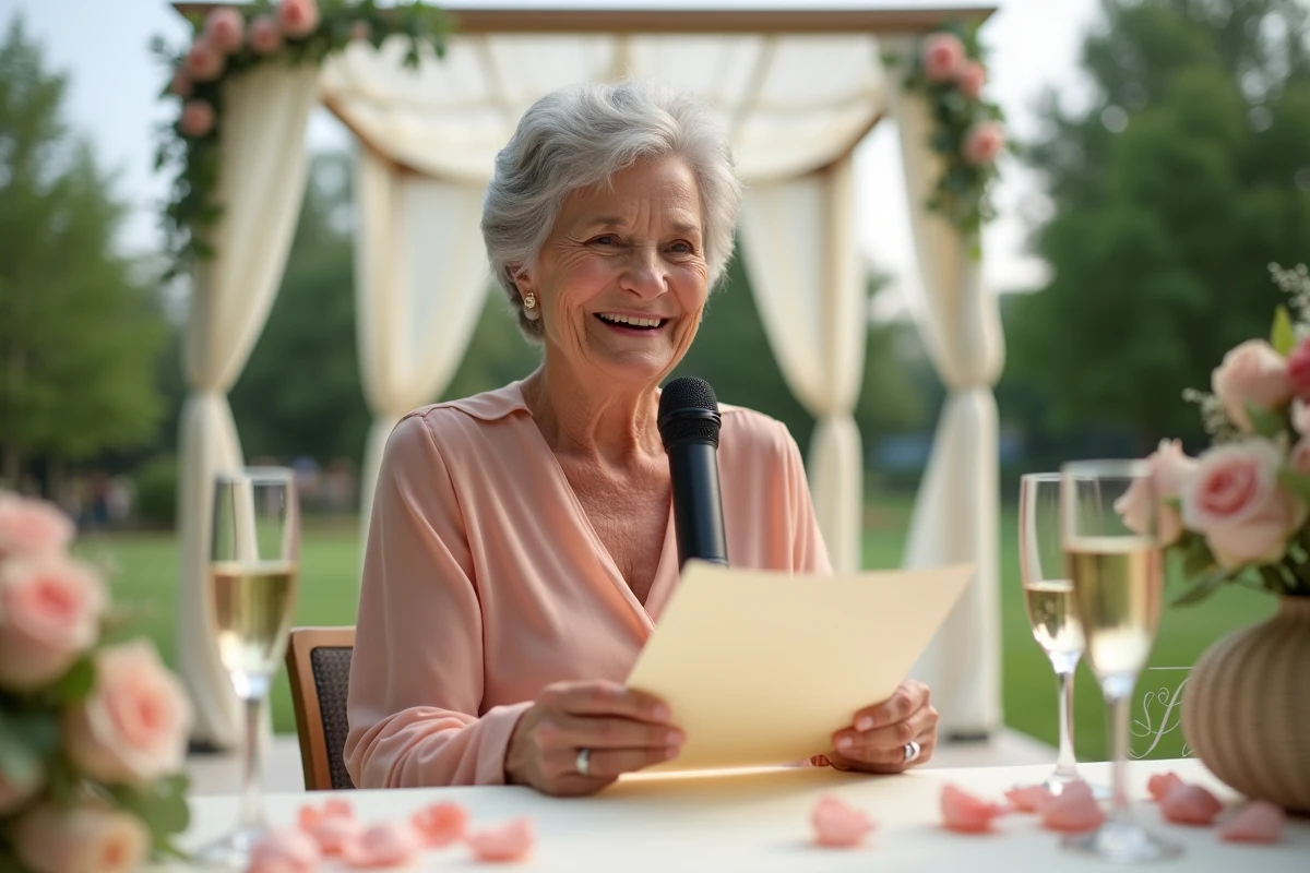 Mère de la mariée souriant avec émotion en prononçant son discours lors d'un mariage en plein air