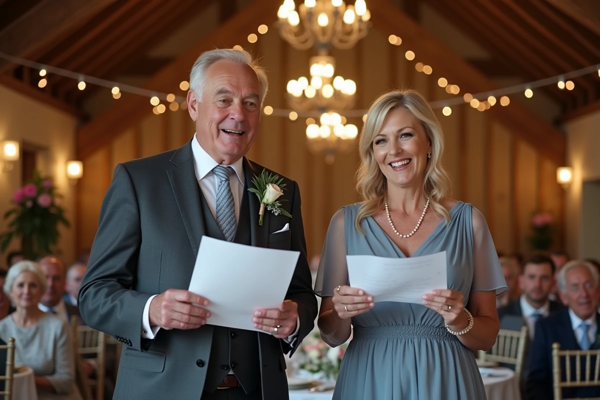 Parents des mariés lisant ensemble leur discours lors d'un mariage dans une grange rustique décorée