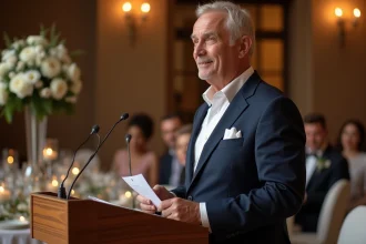 Père de mariée ému prononçant son discours lors d'un mariage en salle de réception élégante