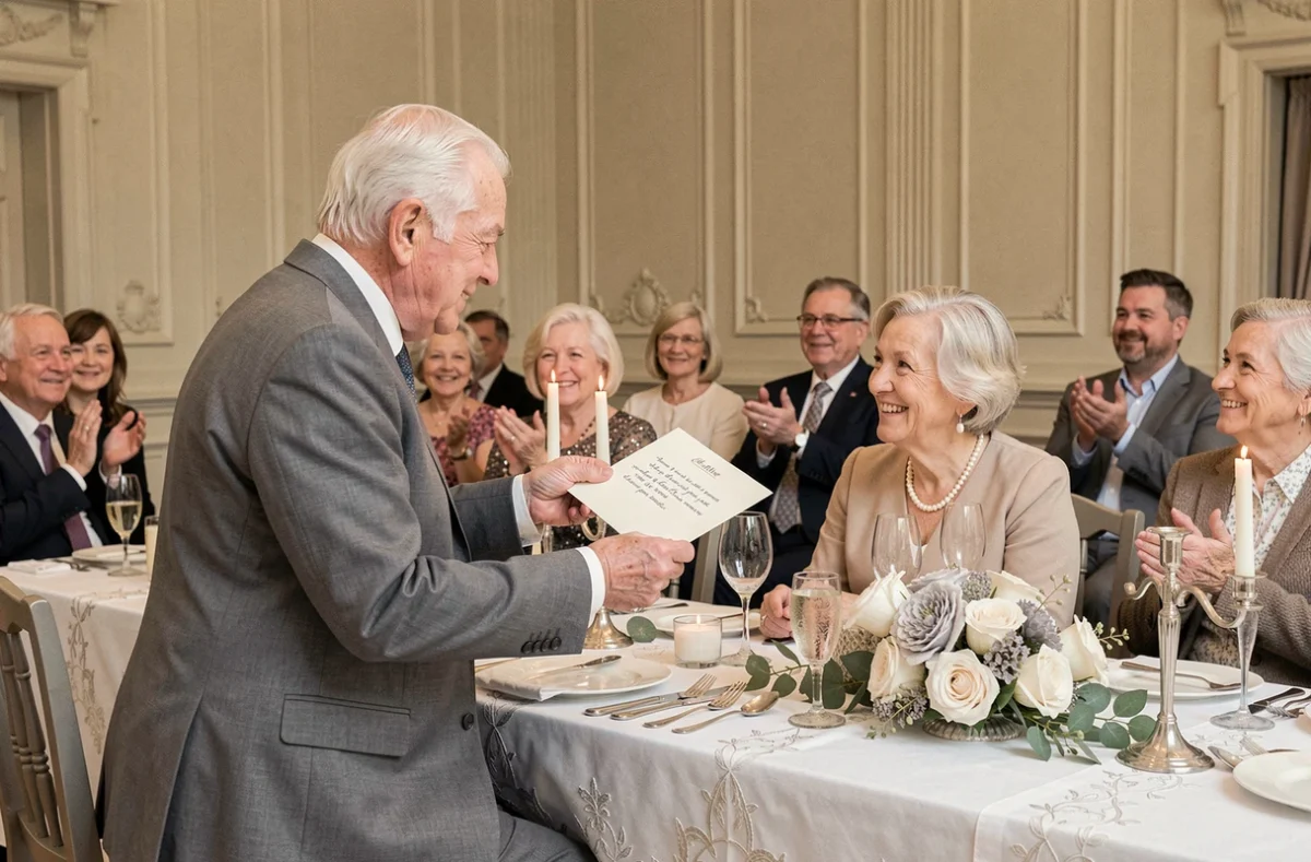 Discours émouvant lors d'une célébration de 70 ans de mariage, noce de platine, avec un homme âgé lisant un discours à sa femme entourée de leur famille