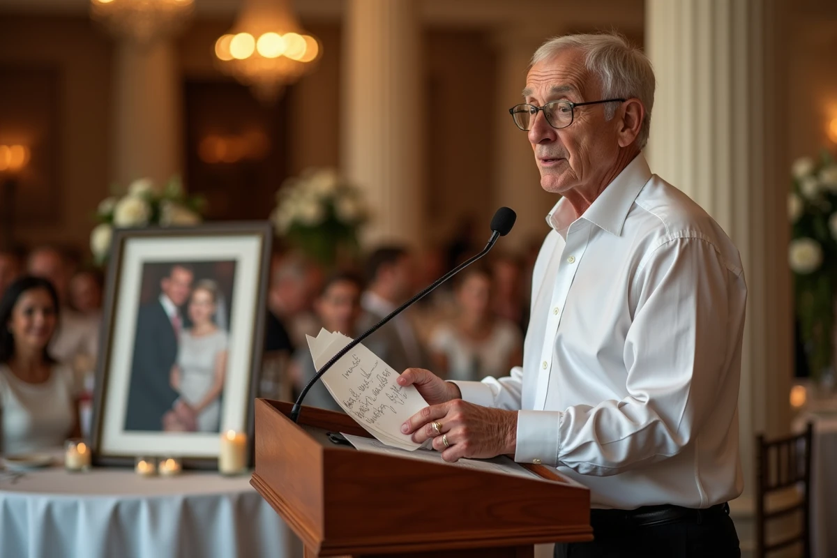 Un homme âgé prononce un discours émouvant lors d'une réception de noces d'or entouré de proches