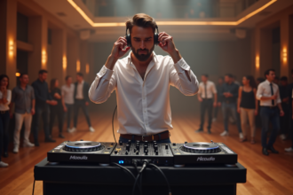 DJ en blanc ajustant ses écouteurs lors d'une soirée