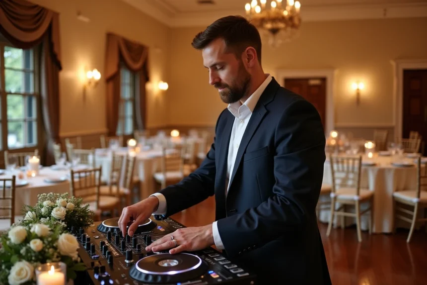 DJ professionnel réglant son équipement dans une salle de réception de mariage élégamment décorée
