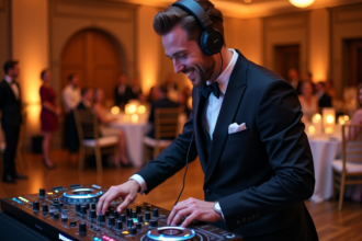 DJ en costume souriant lors d'un mariage élégant