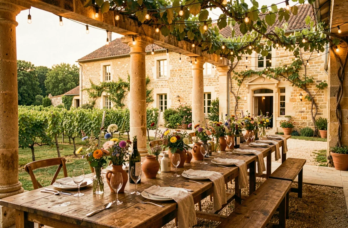 Terrasse viticole du Domaine du Clos des Liesses dressée pour un dîner de mariage avec décoration champêtre et guirlandes lumineuses