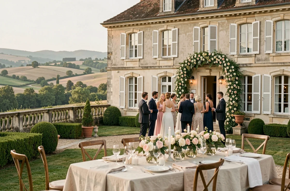 Vue du Domaine de Bellevue avec sa terrasse fleurie et son panorama sur les collines du Rhône lors d'une réception de mariage