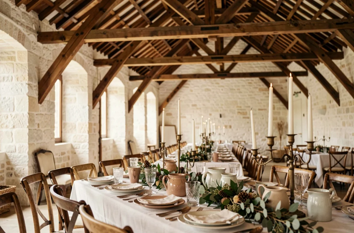 Intérieur de la halle historique du Domaine des Halles reconvertie en salle de mariage avec poutres apparentes et décoration végétale