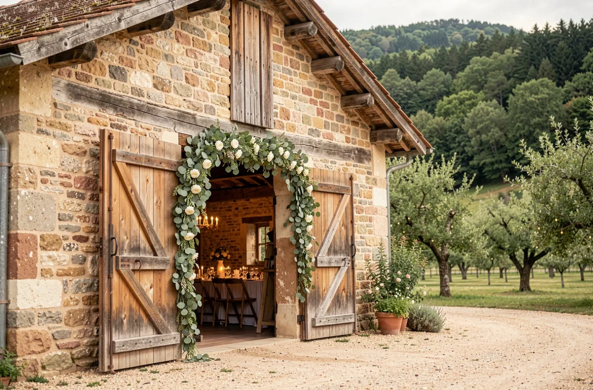 Domaine des Monts du Lyonnais avec sa grange en pierre restaurée décorée de guirlandes florales pour un mariage champêtre