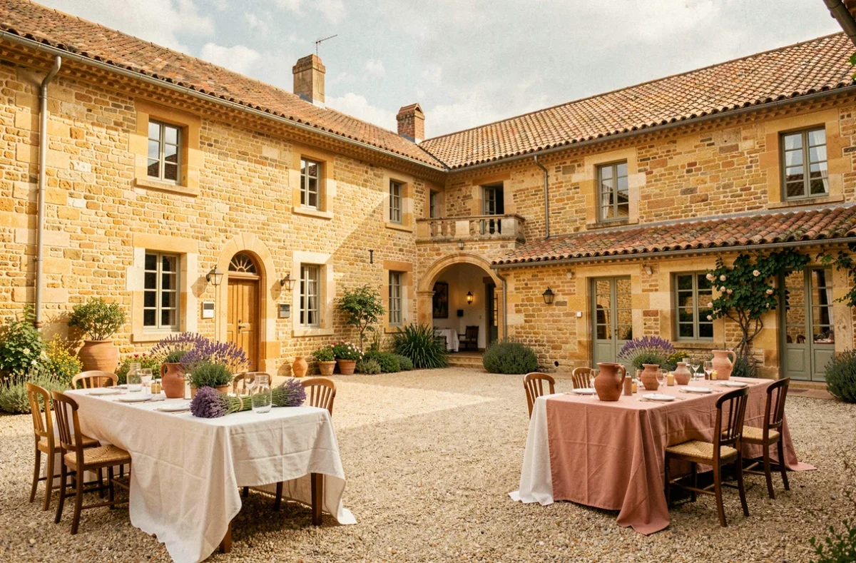 Cour intérieure du Domaine des Pierres Dorées en pierre ocre dorée, décorée pour un mariage avec ambiance provençale