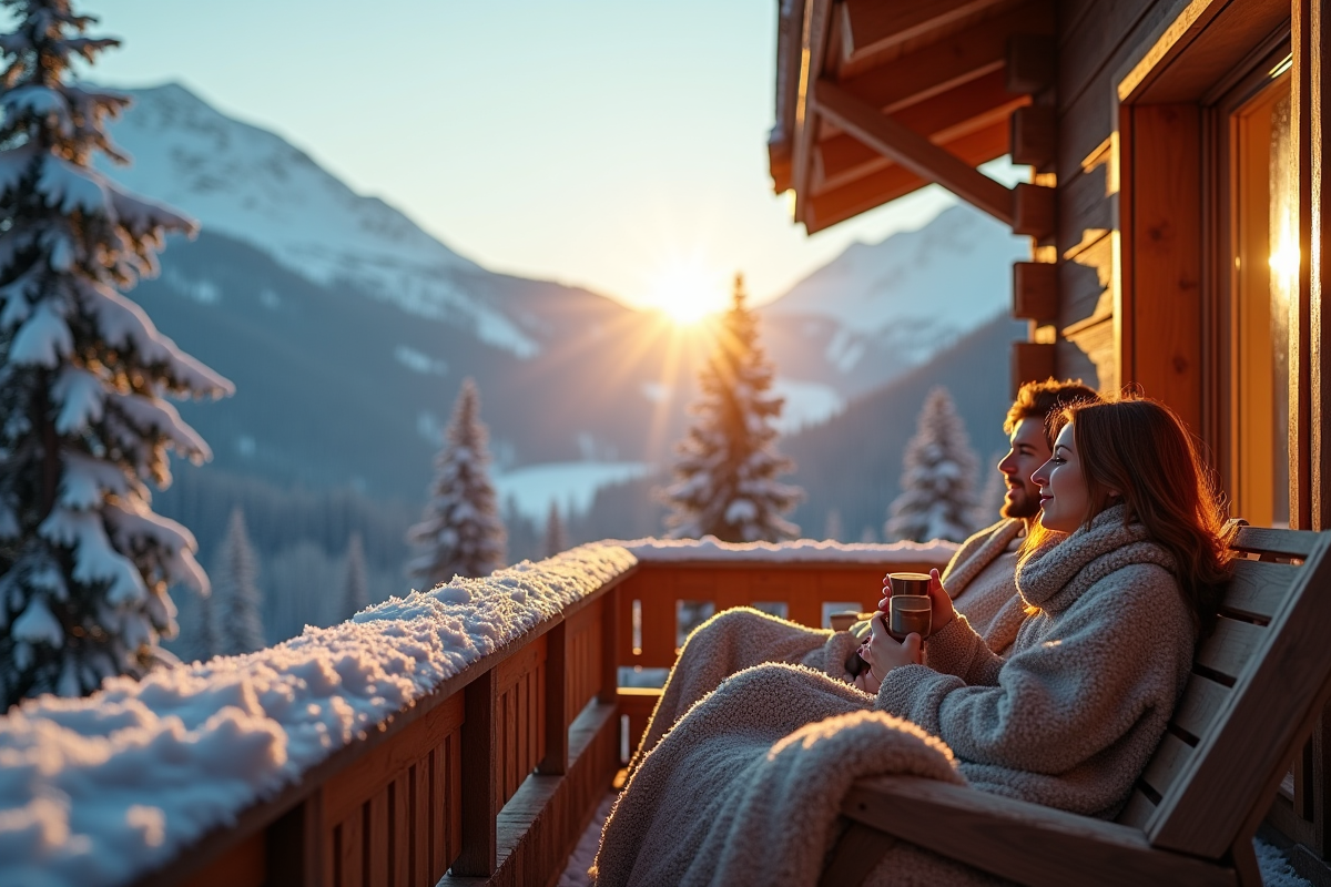 Couple au chalet enneigé profitant d un moment paisible en montagne
