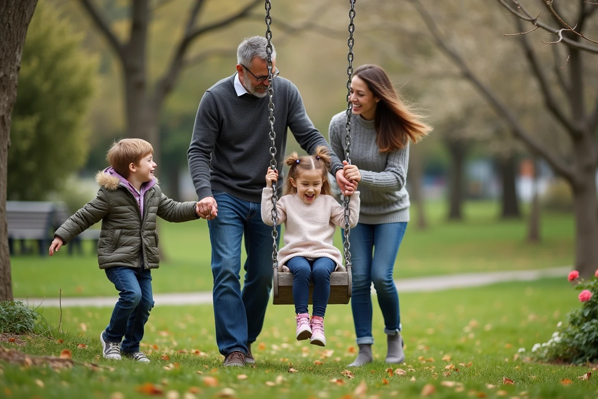 Enfant sur une balançoire dans un parc verdoyant
