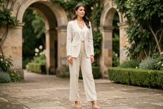 Femme portant un ensemble mariage pantalon ivoire élégant dans un jardin fleuri pour une cérémonie chic
