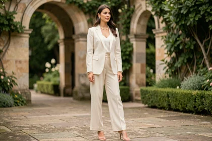 Femme portant un ensemble mariage pantalon ivoire élégant dans un jardin fleuri pour une cérémonie chic