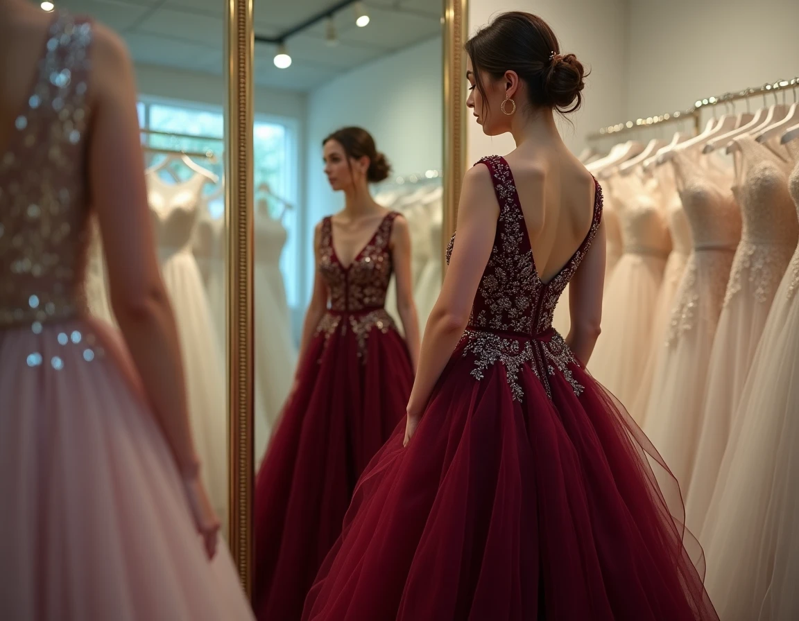 Femme essayant une robe de soirée trop ornée dans une boutique de mariage, illustration d'une erreur de style