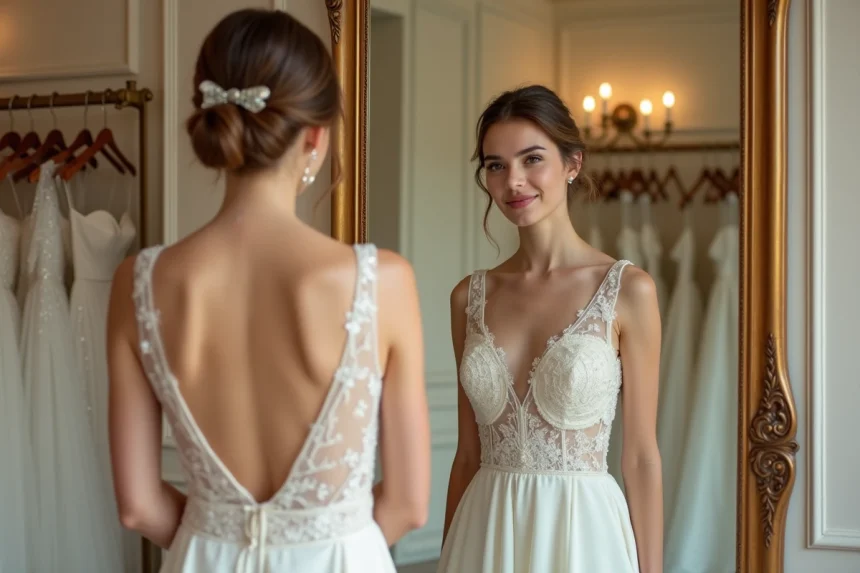 Jeune femme essayant une robe de mariée ivoire dans une boutique de mariage élégante à Bordeaux