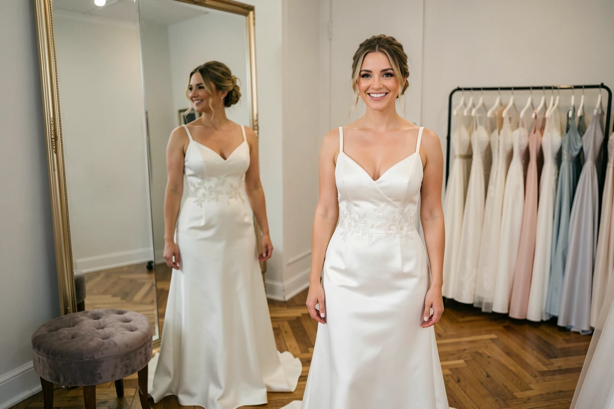 Mariée souriante devant un miroir dans une boutique de robes de mariée pas chère à Montpellier