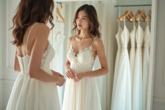 Jeune mariée essayant une robe de mariée simple et élégante en ivoire dans une boutique de robes de mariée