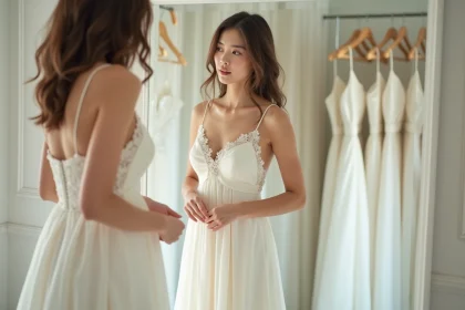Jeune mariée essayant une robe de mariée simple et élégante en ivoire dans une boutique de robes de mariée