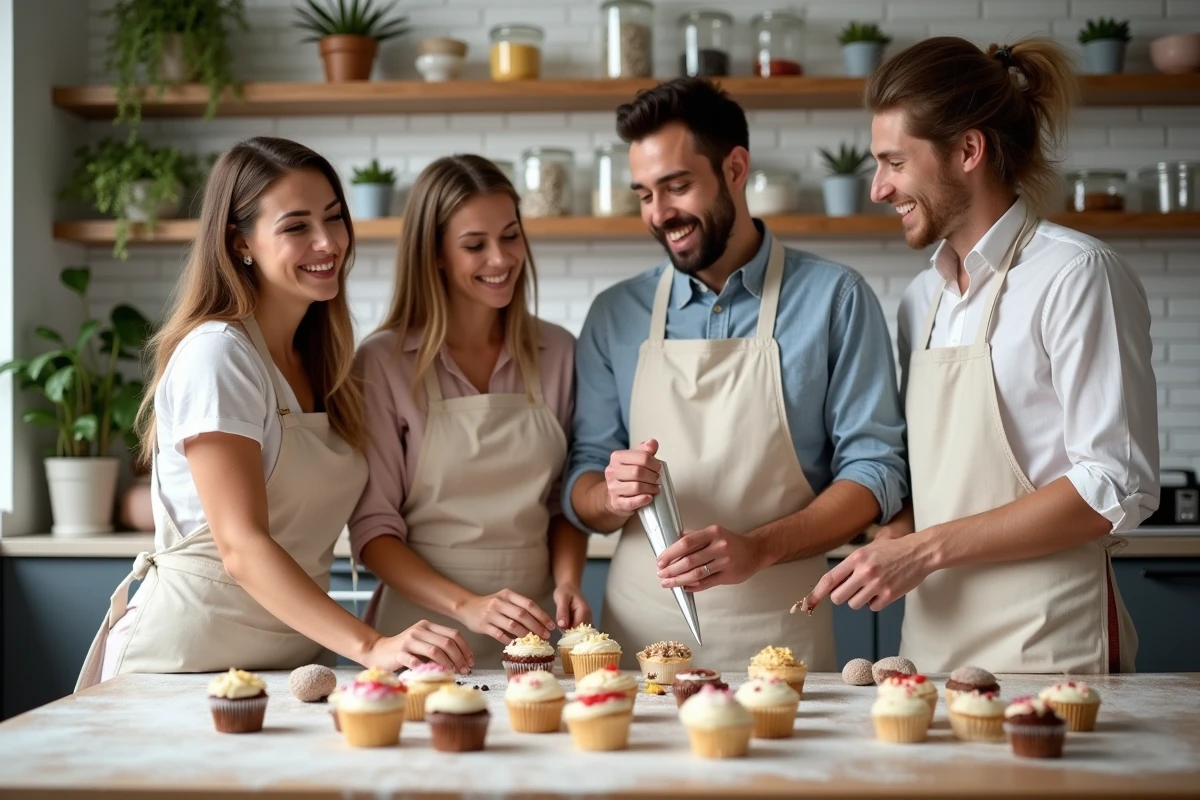 Témoins mixtes en tabliers cuisinant des cupcakes ensemble dans une cuisine pour un EVJF à la maison