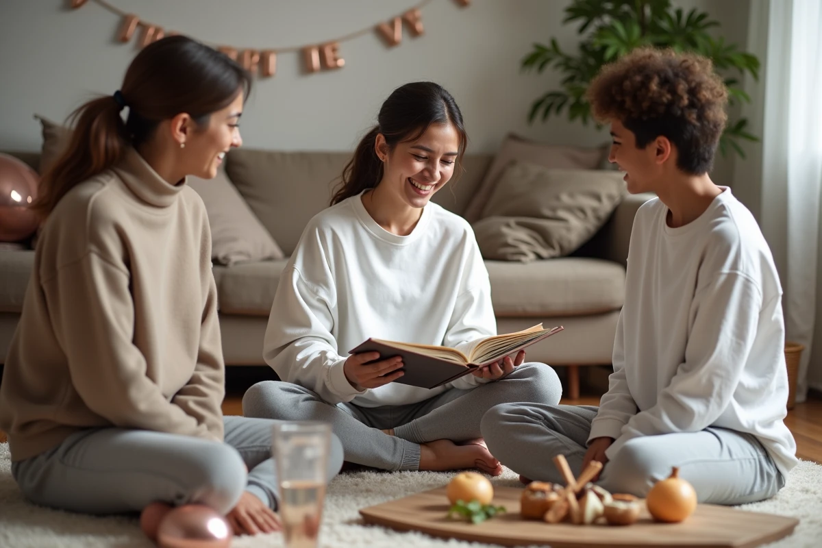 Future mariée ouvrant un livre souvenir entourée de ses témoins mixtes lors d'un EVJF à la maison
