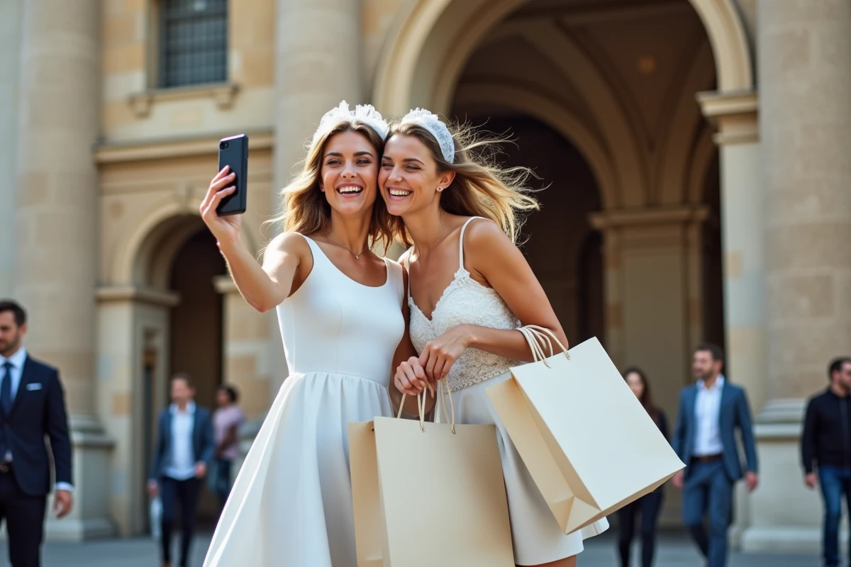 Deux amies en enterrement de vie de jeune fille riant devant une arche en pierre historique lors d'un city trip avec sacs shopping