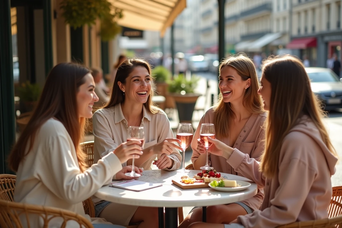 Amies en EVJF attablées en terrasse de café parisien autour d'un verre de rosé et d'une carte de la ville